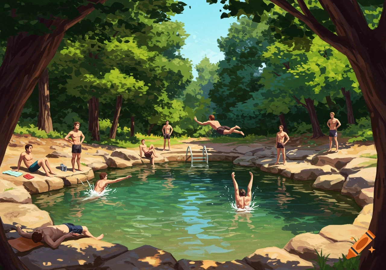 Men swimming and lounging around a natural swimming hole in a lush forest, illustration.