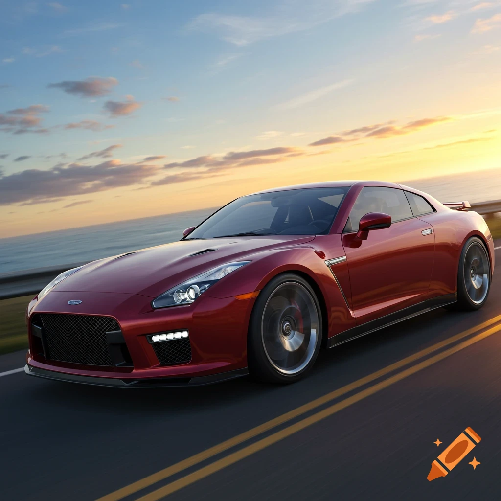 A sleek red sports car drives down a coastal highway at sunset, with the ocean visible in the background.