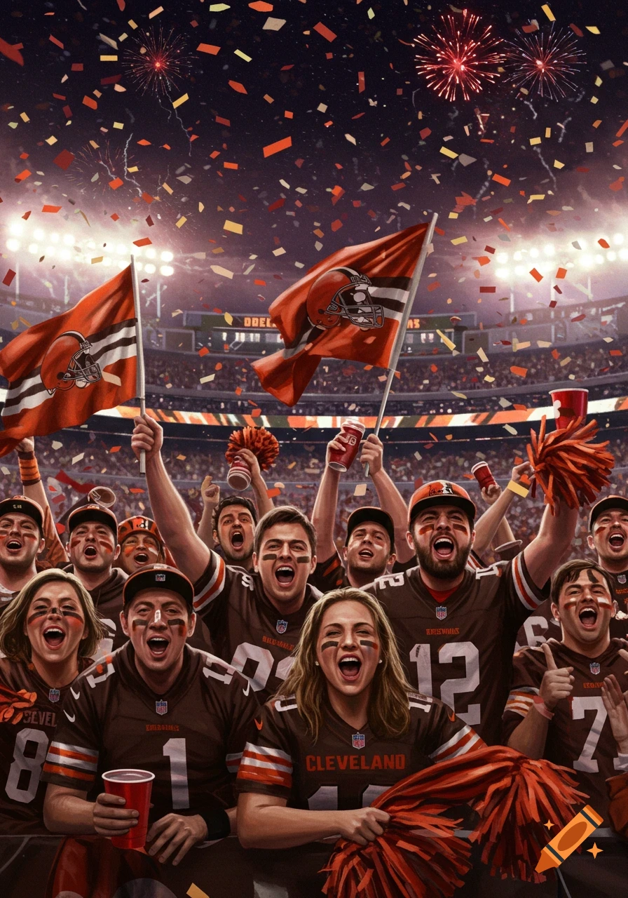 A cheering crowd of Cleveland Browns fans at a stadium, celebrating a win with confetti and fireworks, wearing brown jerseys.