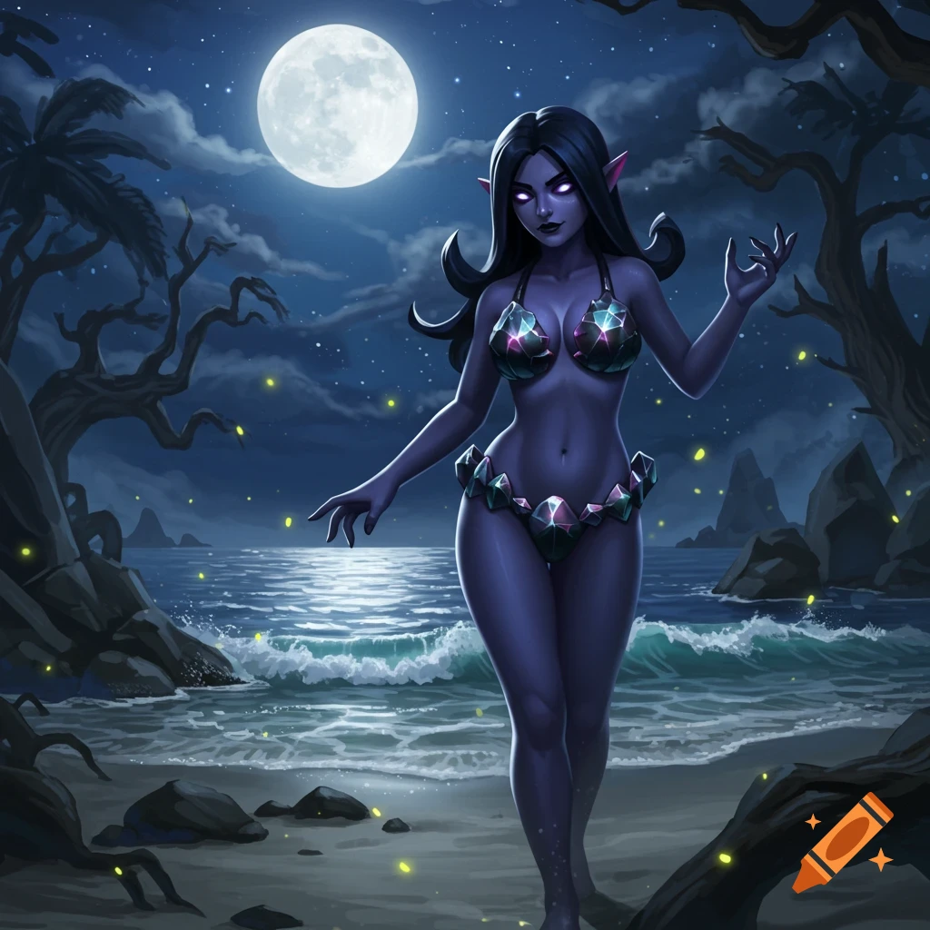 A dark-skinned elf-like woman in a gem-studded bikini stands on a moonlit beach with glowing fireflies in a digital art style.