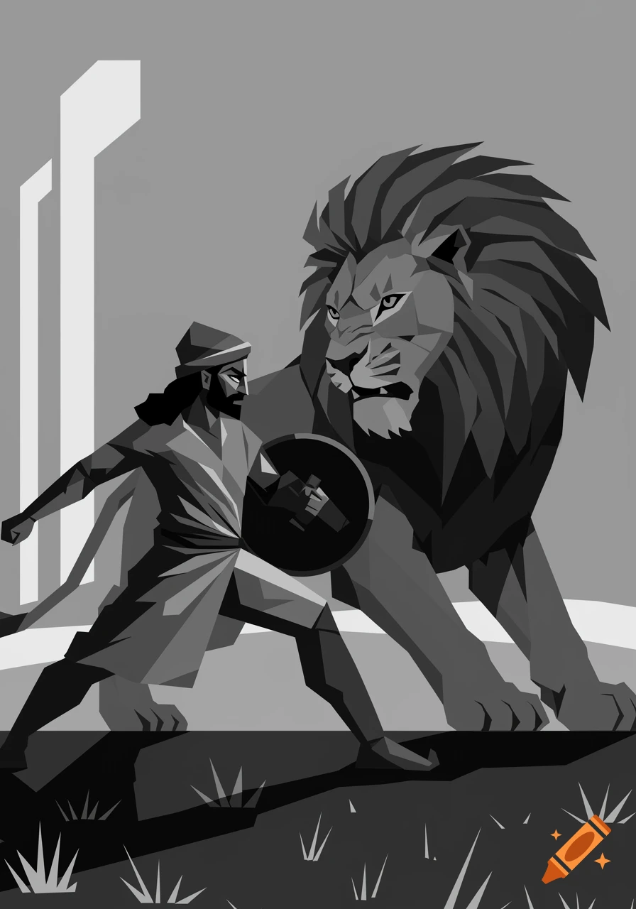 A geometric, grayscale illustration of a warrior with a shield confronting a large lion.