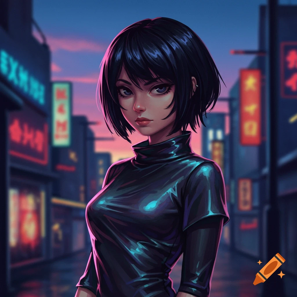 A stylized anime girl with short black hair and a shiny black turtleneck stands on a neon-lit cyberpunk street at dusk.