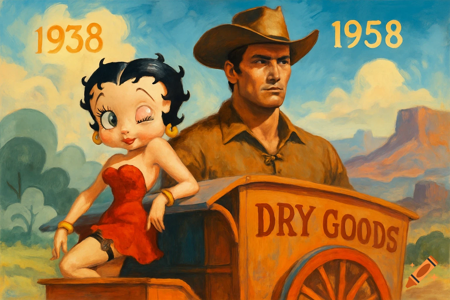 A painted scene featuring Betty Boop in a red dress next to a cowboy and a 'DRY GOODS' wagon, with years '1938' and '1958' and a desert background.