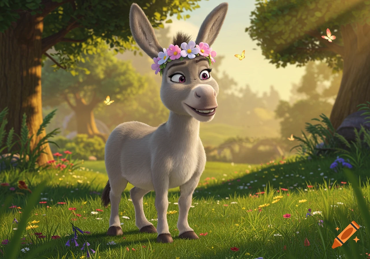 A female cartoon donkey wearing a flower crown stands in a sunny, vibrant green meadow with butterflies and trees in the background.