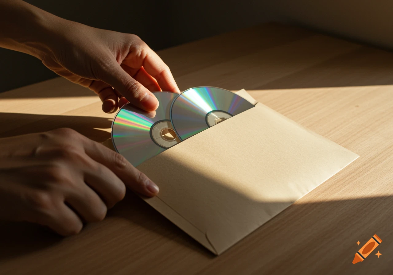 Hands place two iridescent CDs into a buff-colored paper envelope on a wooden table, lit by warm sunlight.