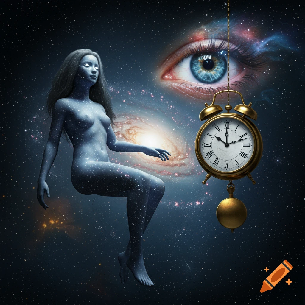 A levitating, nude-like figure made of stars against a galaxy background, with a large cosmic eye and a pendulum clock.