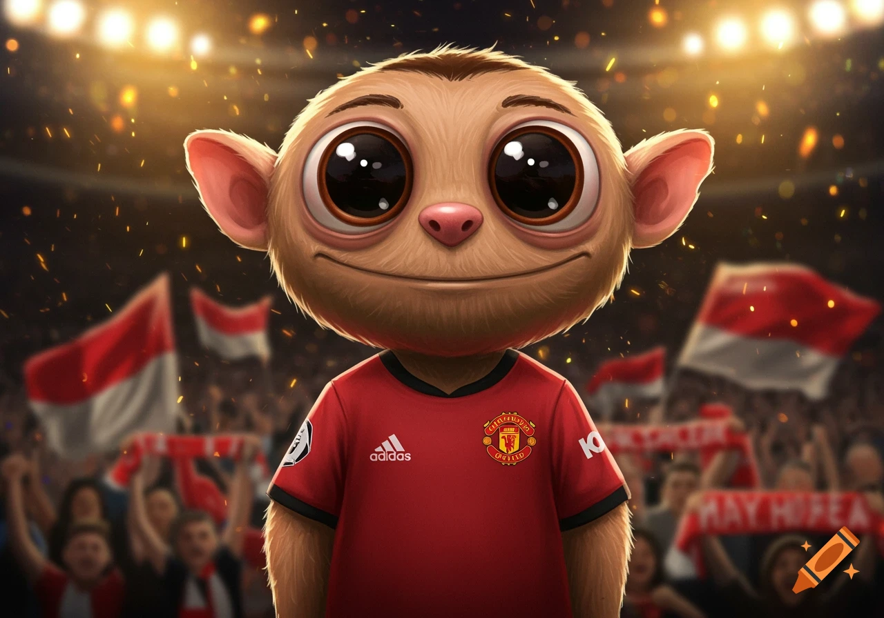 A cartoon character resembling Labubu with large eyes smiles while wearing a red Manchester United football shirt in a lit stadium.