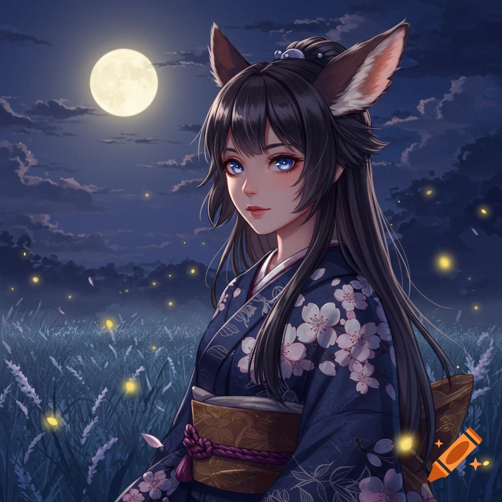 Anime girl with fox ears, long black hair, blue eyes, in a dark blue kimono with cherry blossoms, under a full moon.