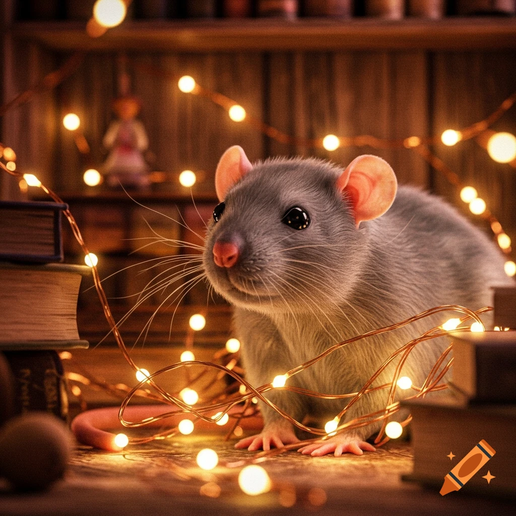 A gray rat sits on a surface among books and tangled string lights, looking forward in a warm-toned, photorealistic scene.