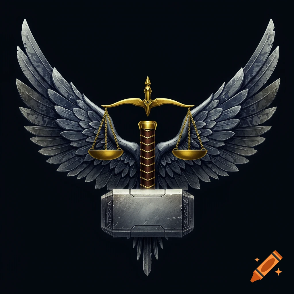 A stylized emblem featuring Thor's hammer, scales of justice, and large grey wings on a dark background.