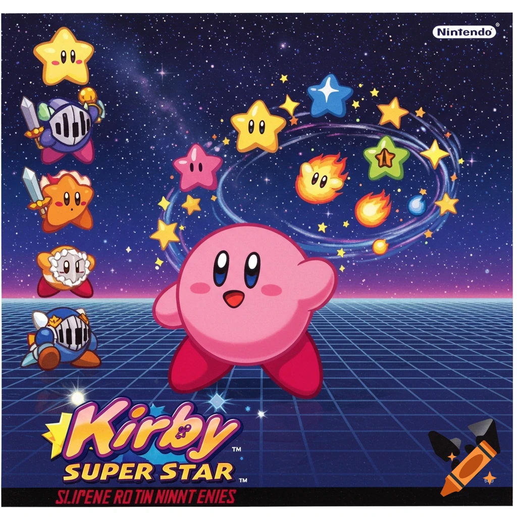 Kirby and various star characters float over a grid background in a starry space, with a \"Kirby Super Star\" logo at the bottom, resembling SNES box art.