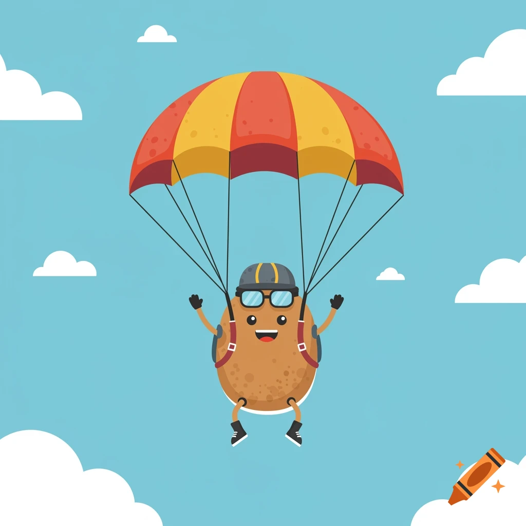 A happy cartoon potato character skydiving with a red and yellow parachute against a blue sky with clouds.