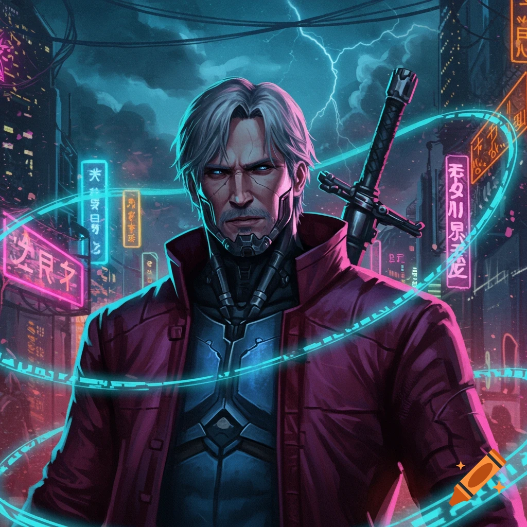 A cyberpunk man with grey hair, cybernetic implants, and a sword, stands in a neon-lit city.