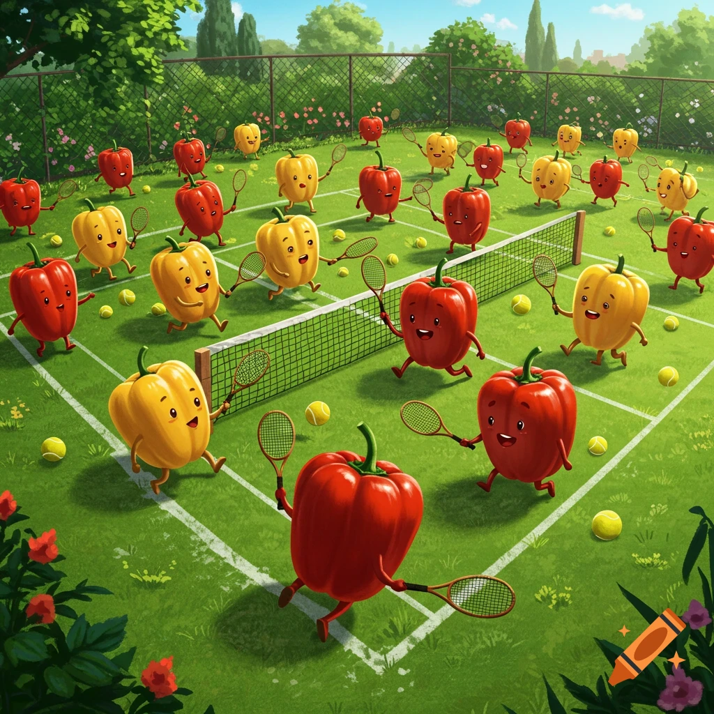 A group of cheerful, anthropomorphic red and yellow bell peppers playing tennis on a grassy court.