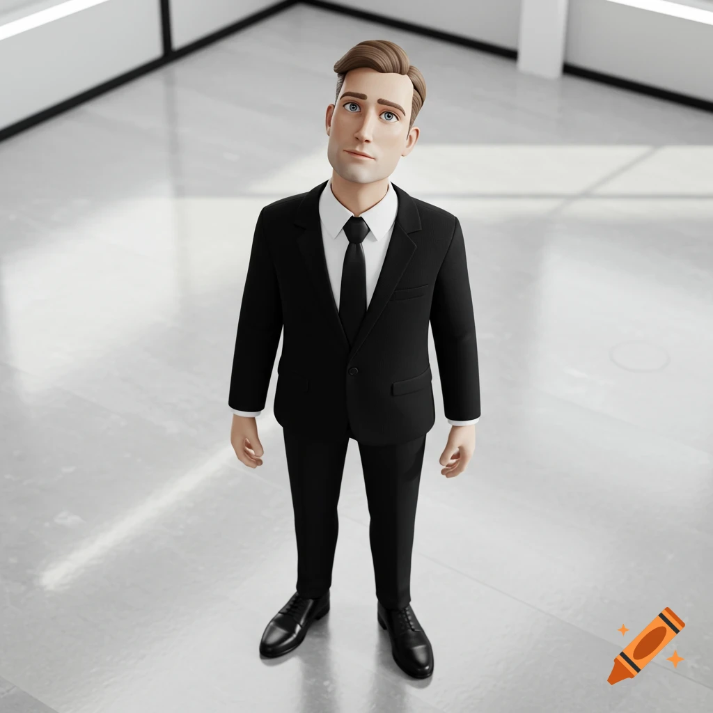 A 3D stylized cartoon man in a black suit standing in a modern, bright room.