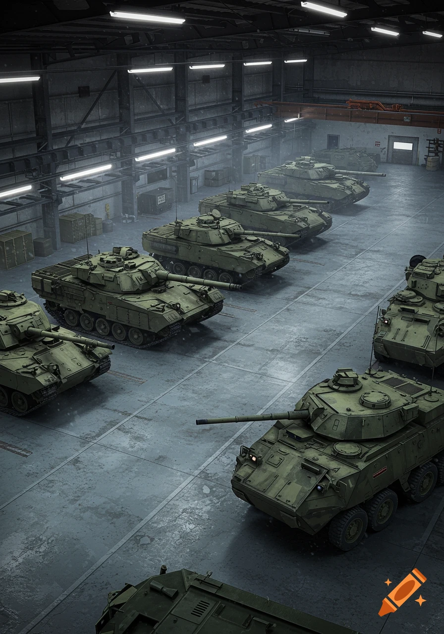 Photorealistic top-down view of multiple military tanks and armored personnel carriers parked in rows inside a large, dimly lit warehouse.