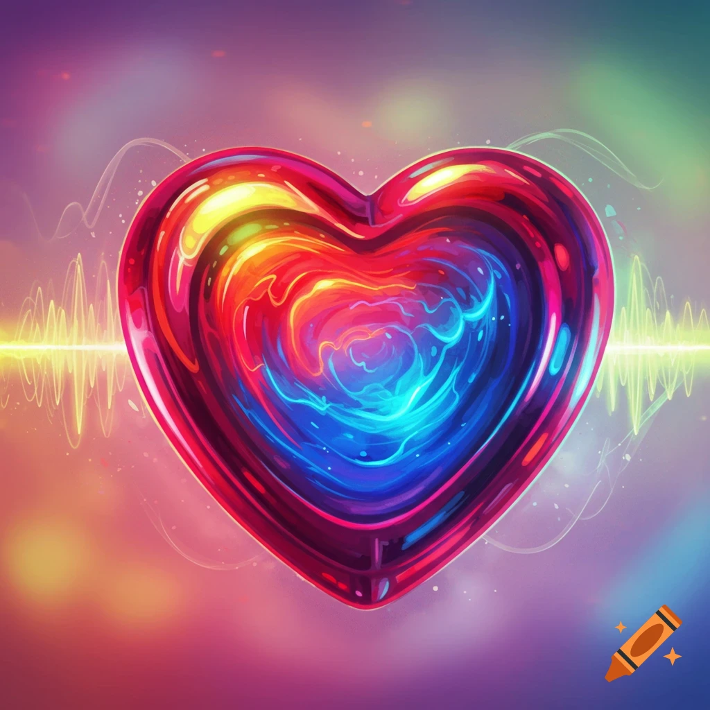A vibrant, multicolored heart with glowing neon sound waves emanating from its sides against a soft, gradient background.