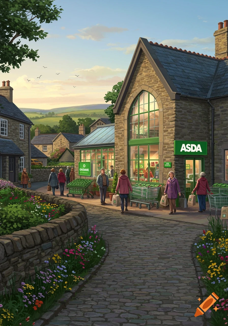 A detailed illustration of a village with people walking outside an ASDA supermarket, surrounded by stone walls, flowers, and rolling hills at sunset.