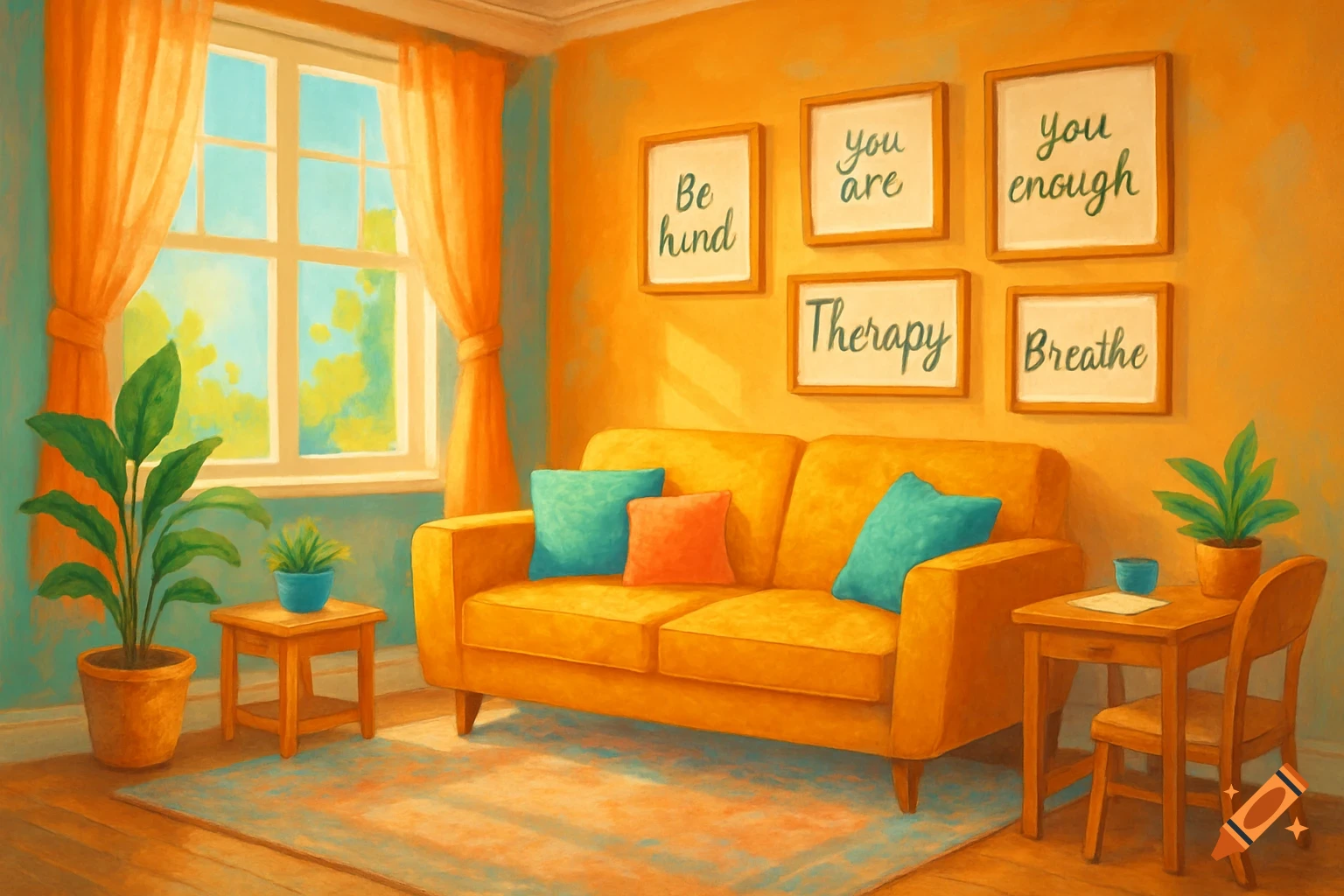 A bright, colorful digital painting of a cozy therapy office with a yellow couch, plants, a window, and framed inspirational quotes on an orange wall.