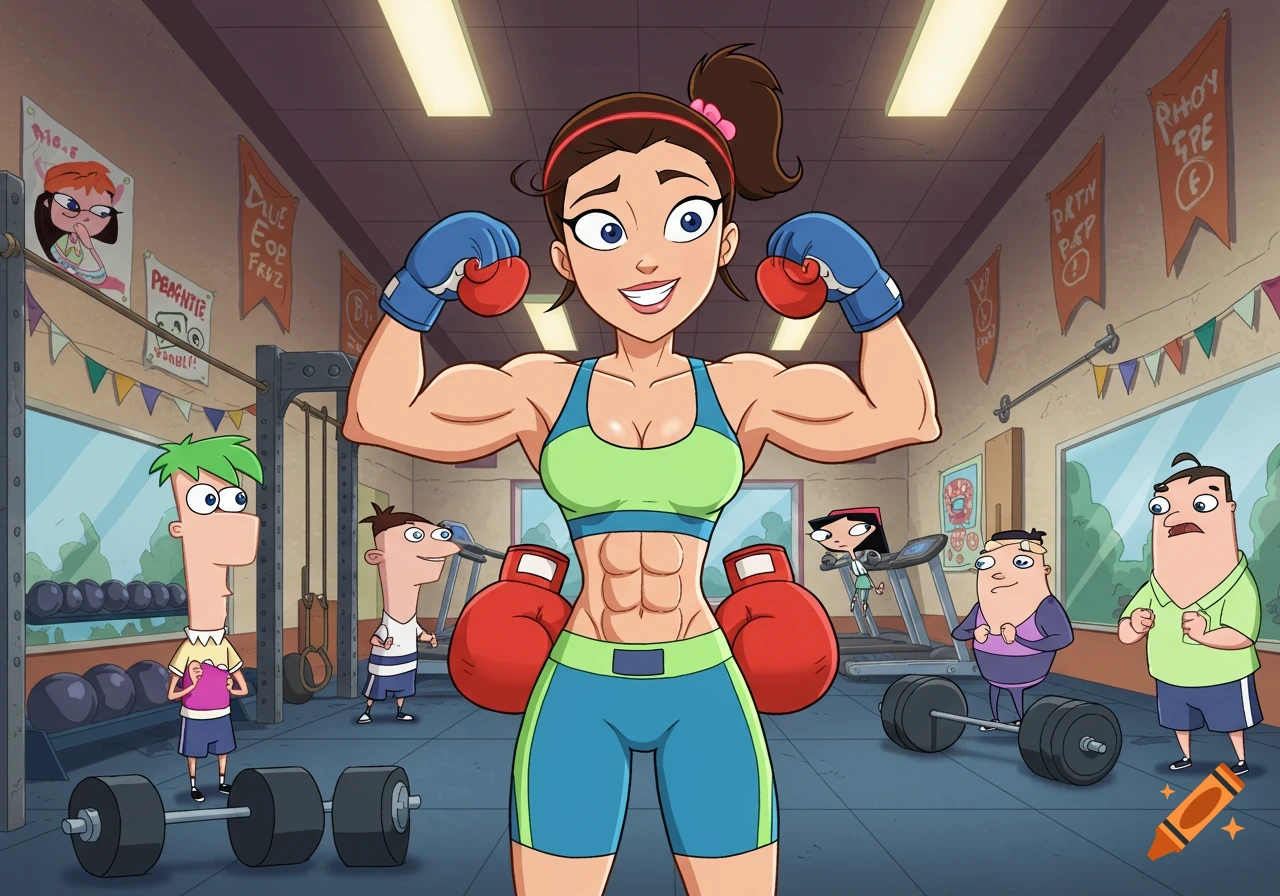 A muscular female boxer with blue and red gloves flexes in a cartoon gym, surrounded by Phineas and Ferb characters.