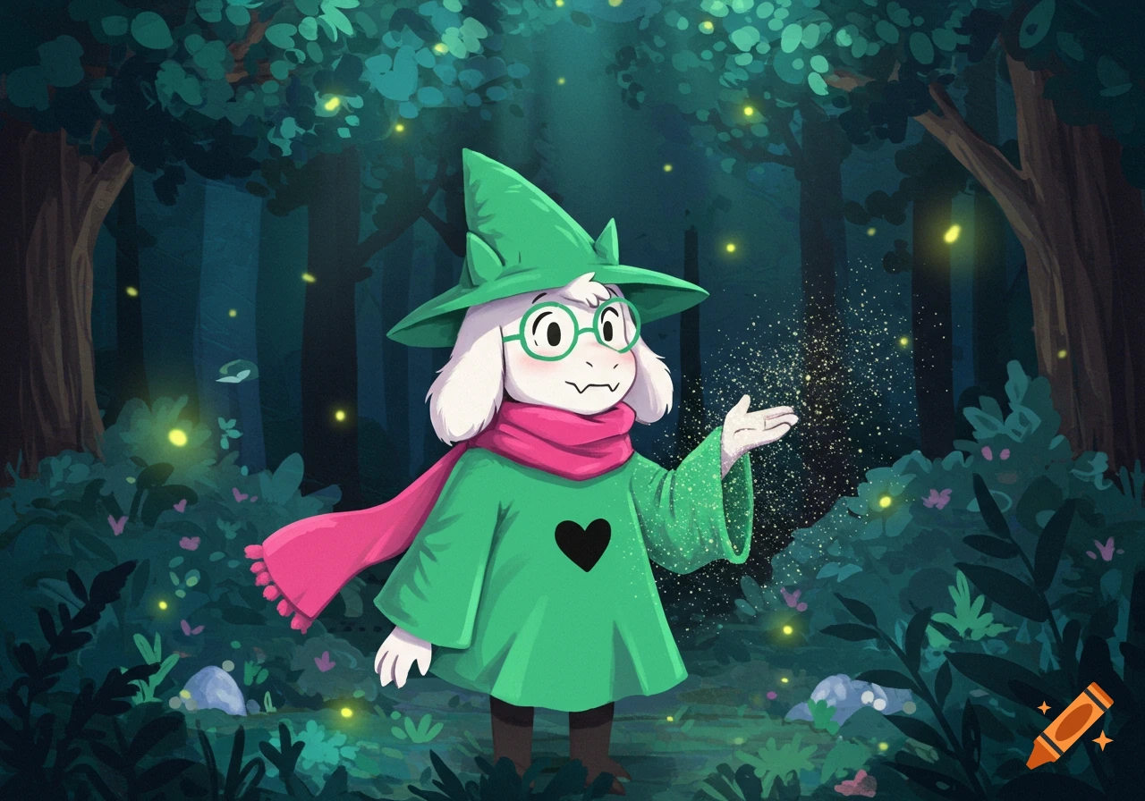 Ralsei, a white goat-like character in a green outfit and hat, stands in a dark forest, holding out a hand filled with sparkling dust.
