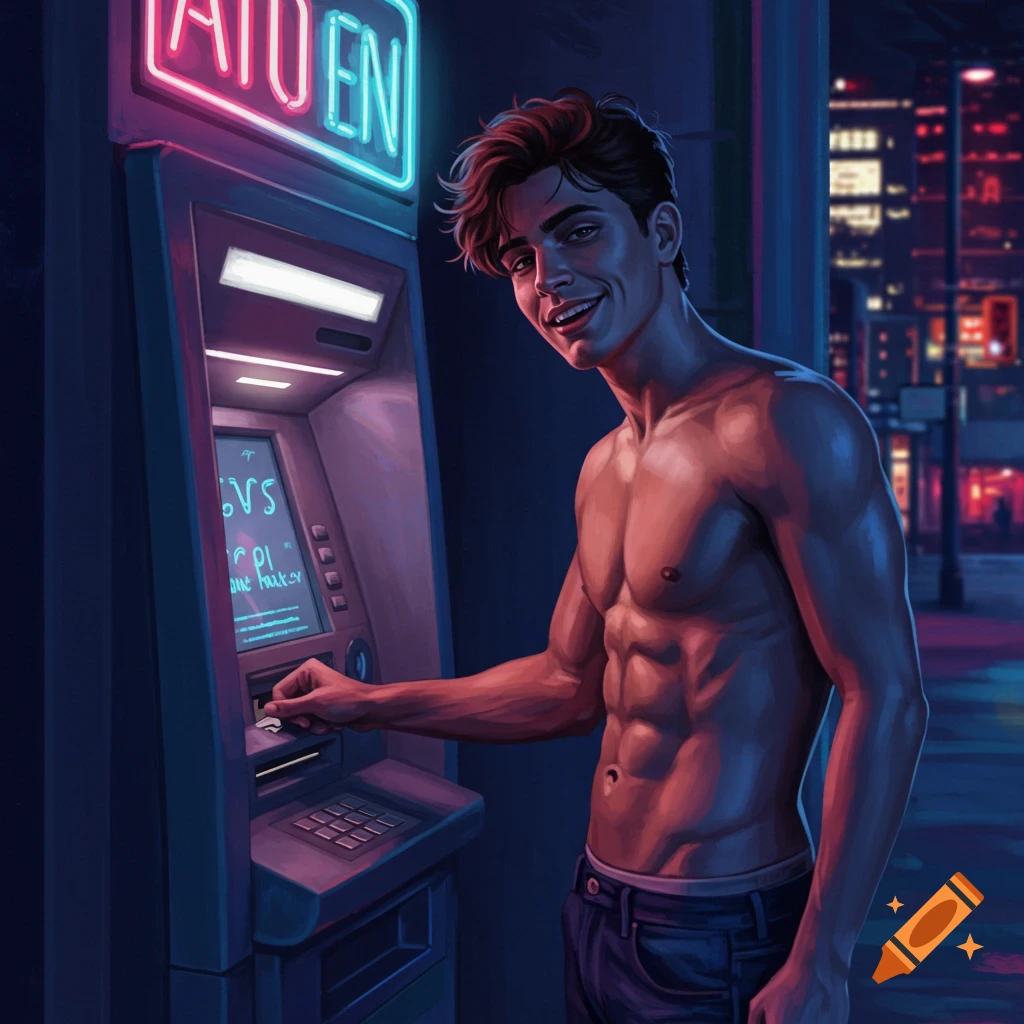 A smiling, shirtless muscular man with dark hair, wearing jeans, stands at an ATM machine at night under a neon sign in a city.