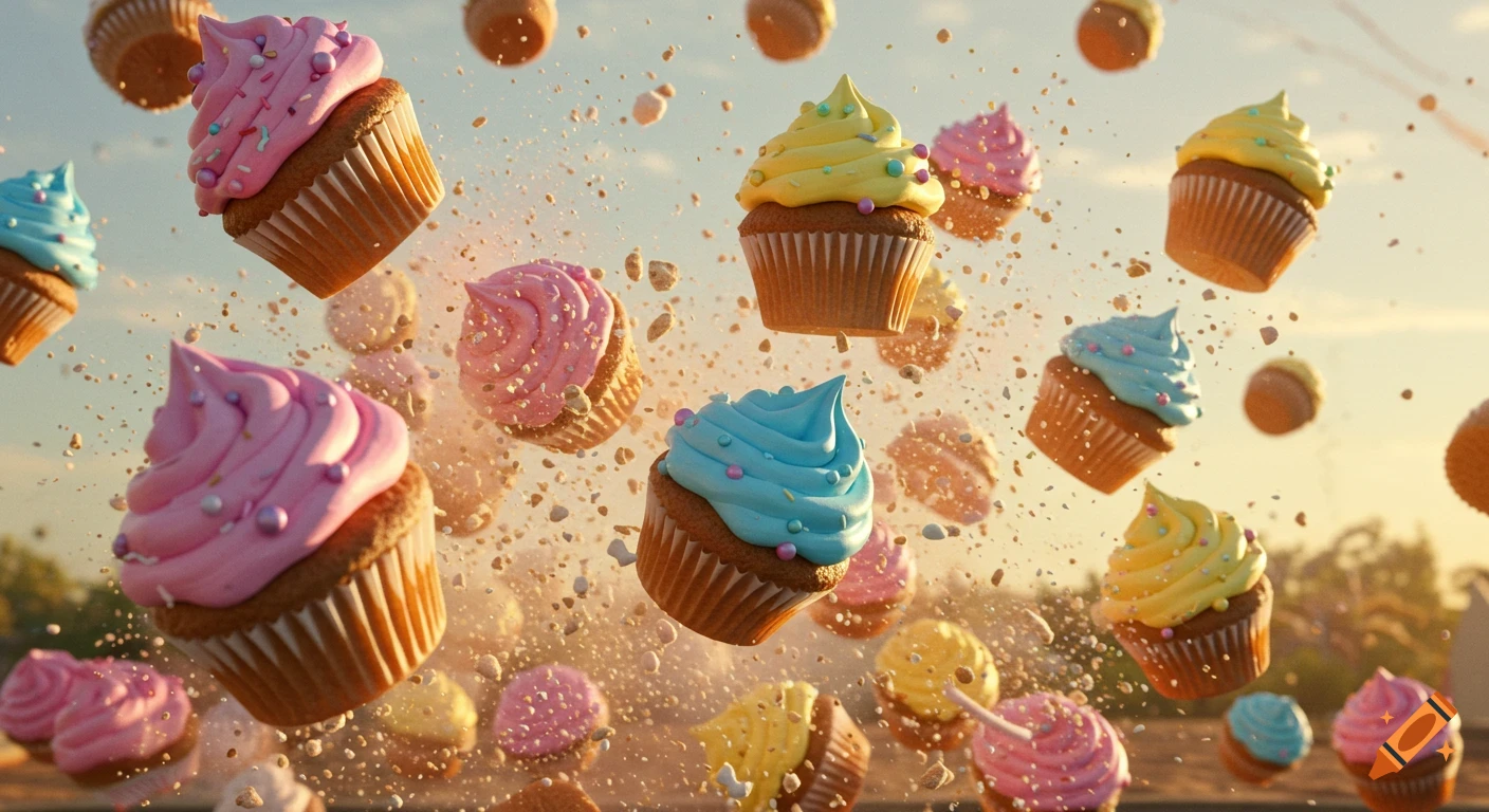 Many colorful cupcakes with frosting and sprinkles are suspended in mid-air against a bright outdoor background, with crumbs scattering.