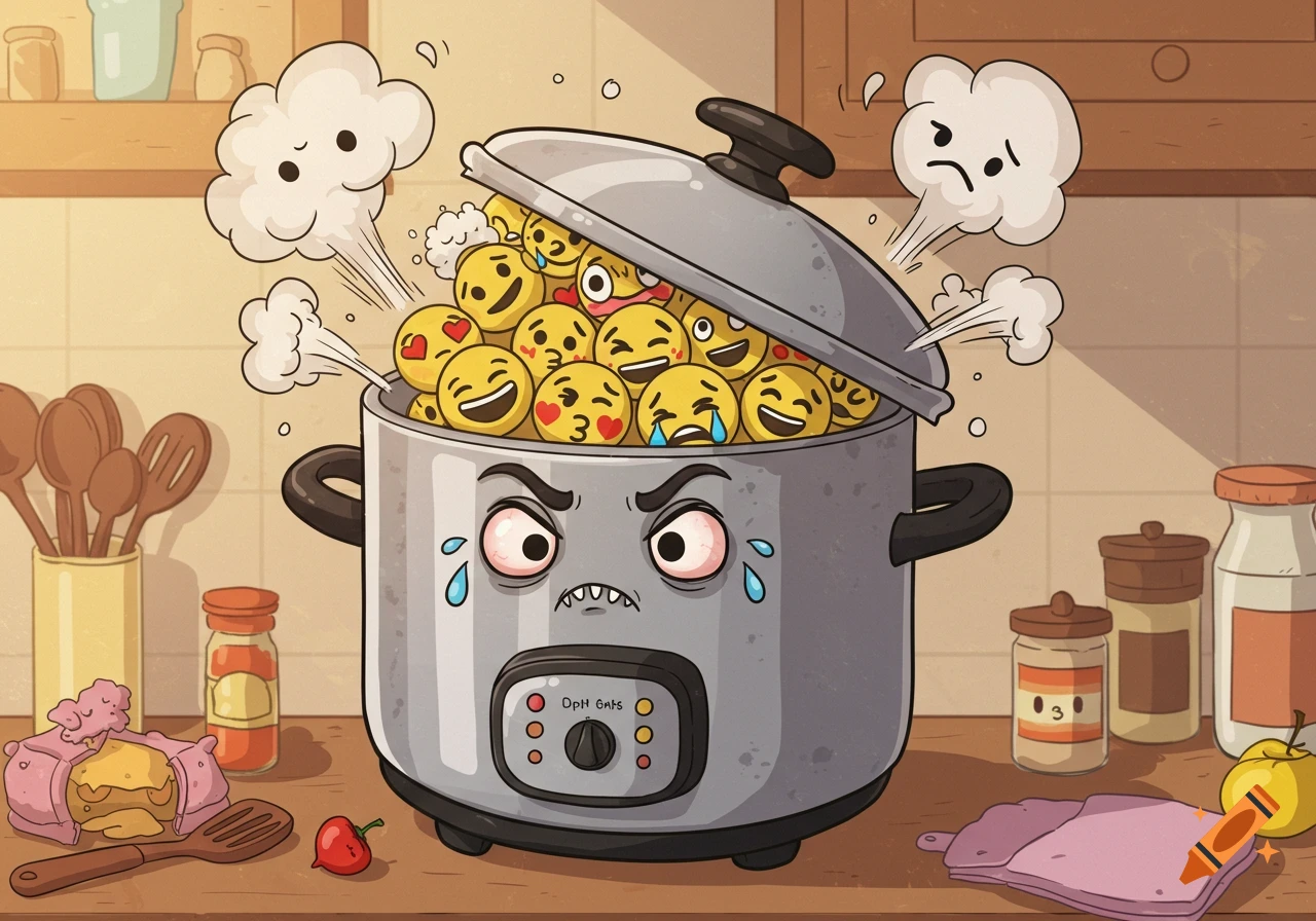 A cartoon pressure cooker with an angry face and tears on a kitchen counter, overflowing with various emoji faces. Steam clouds with faces are escaping from the pot.