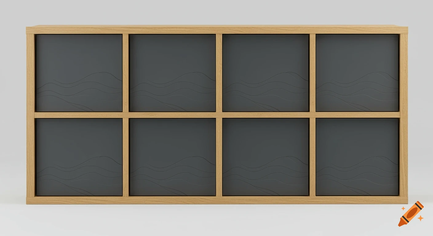 A light oak framed Kallax-style shelving unit with eight dark gray cubbies featuring subtle wavy patterns.