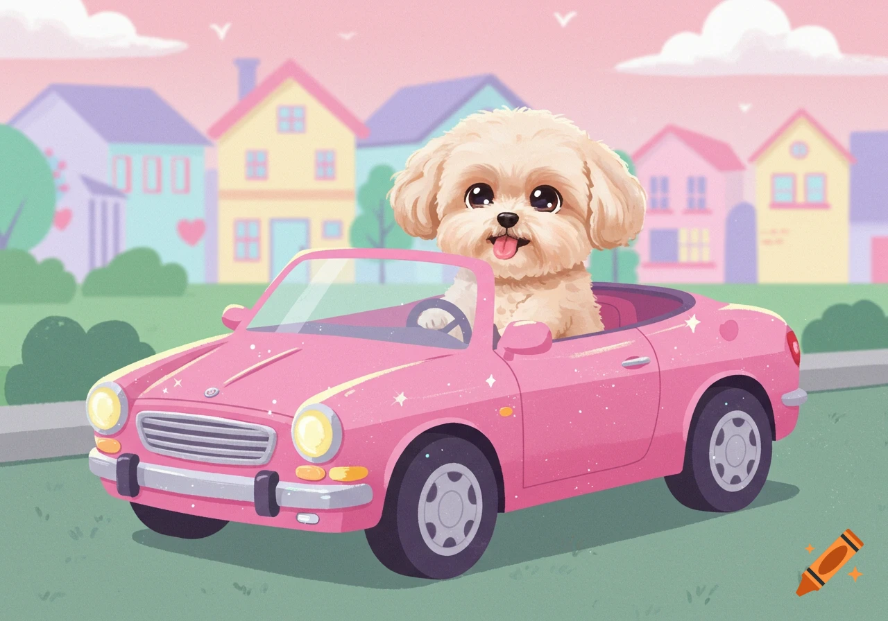 A fluffy white dog smiles in a sparkly pink convertible on a street with pastel houses, in a flat children's illustration style.