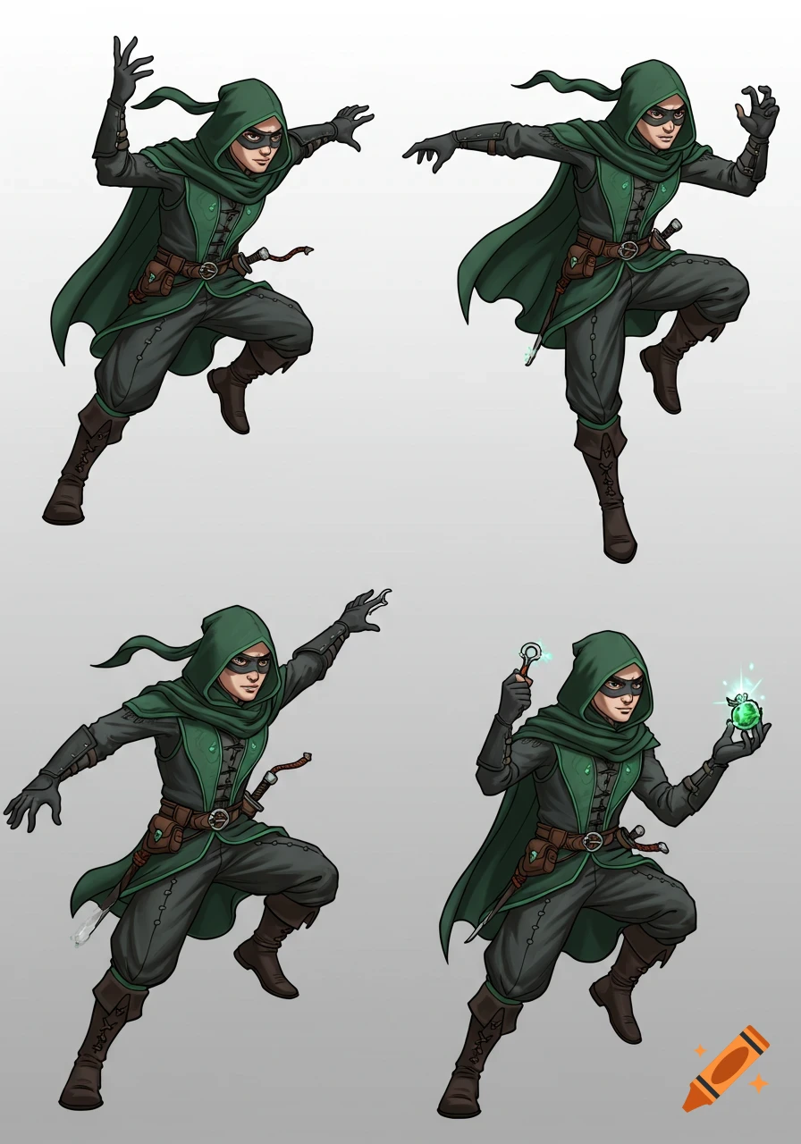 Four 2D sprites of a masked thief in green and dark clothing, posing for a game character.