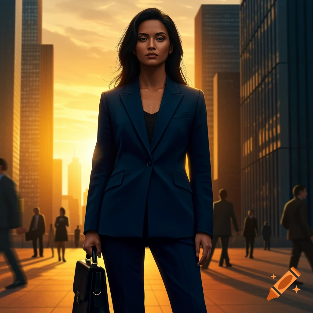 A confident woman in a business suit stands in a city at sunset, holding a briefcase.