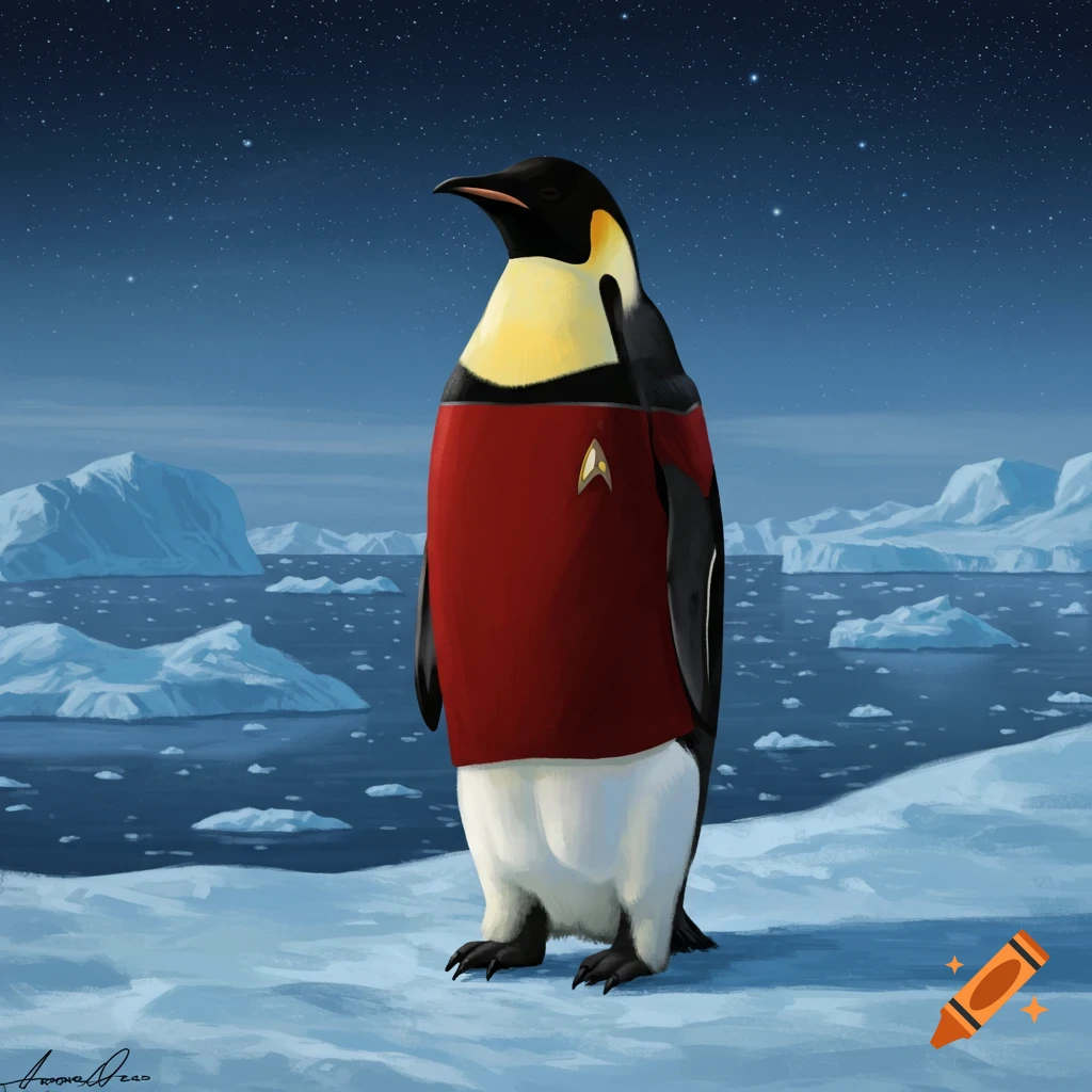 An emperor penguin stands on an icy plain wearing a red Star Trek: The Next Generation uniform, under a starry night sky with icebergs.