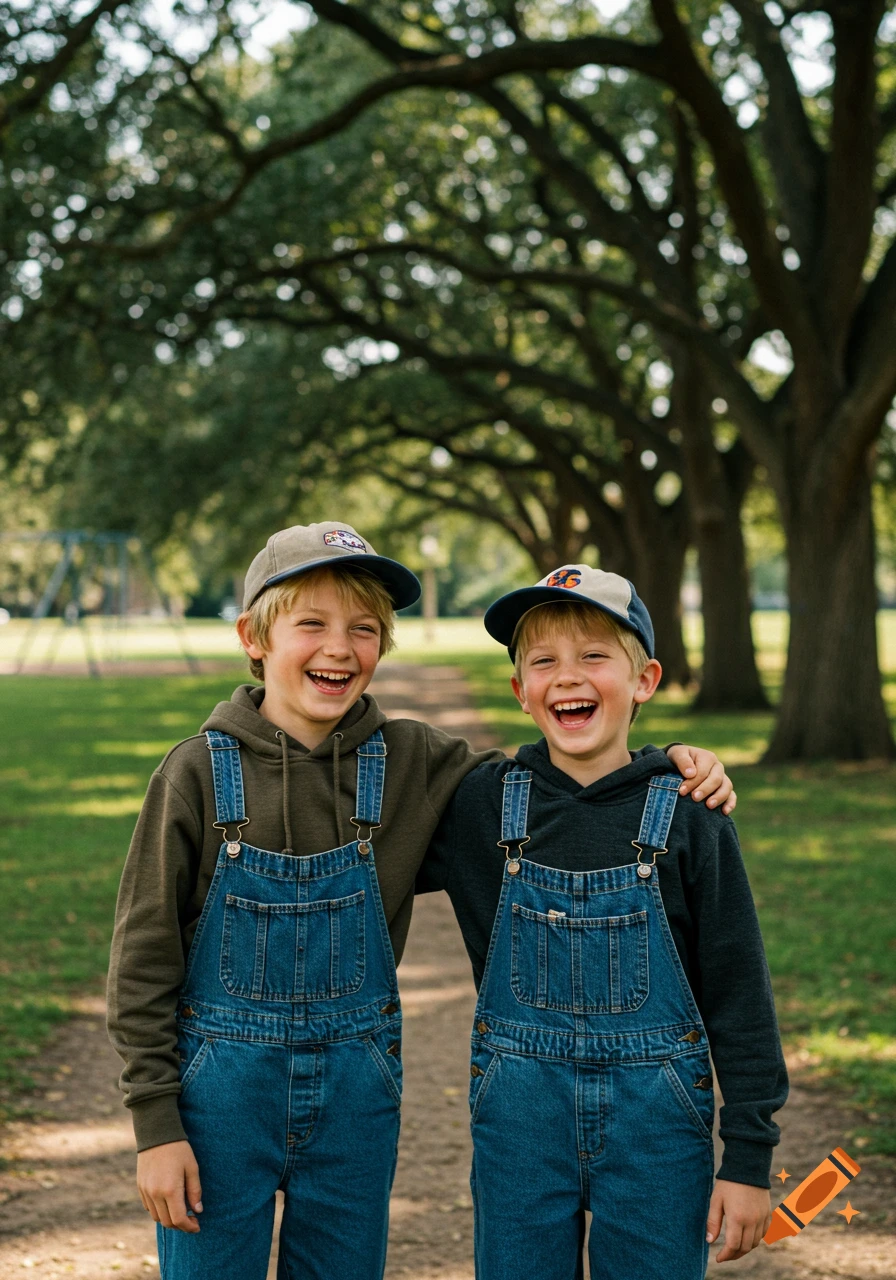 Two laughing preteen boys in baseball caps and overalls stand together in a park.