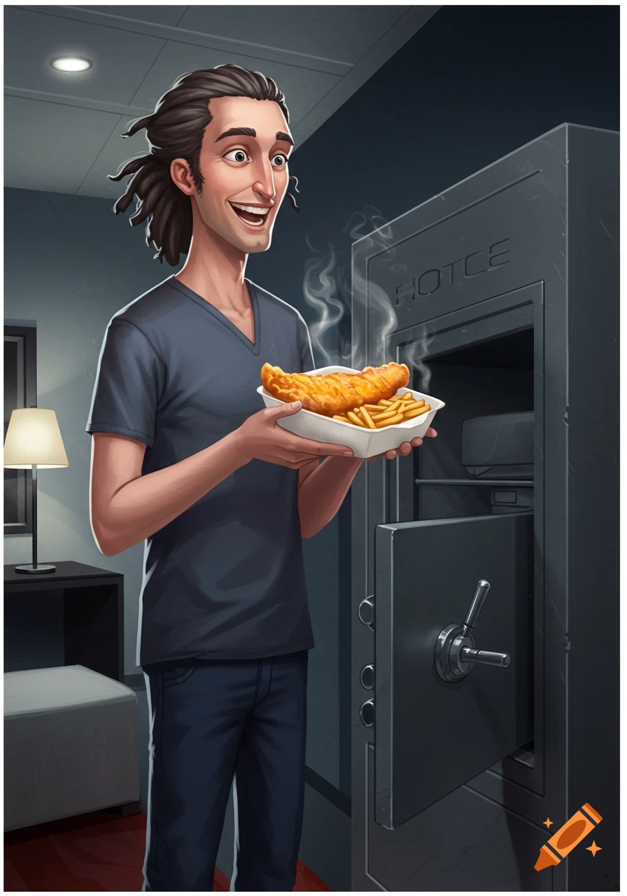 A smiling man with dreadlocked hair holds a container of fish and chips in front of an open dark grey safe.
