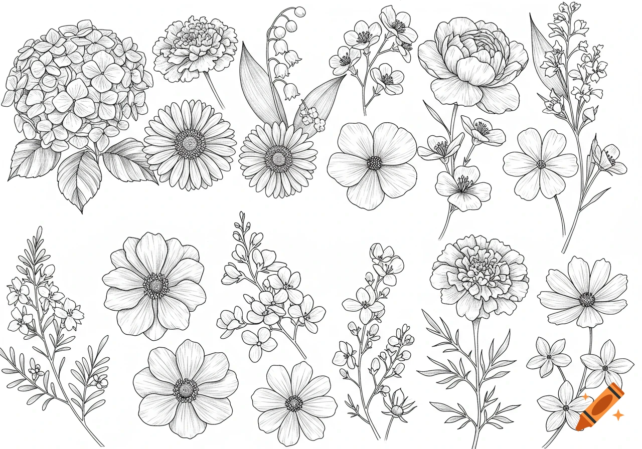 Collection of black and white fine line botanical illustrations of various flowers, including hydrangeas, daisies, and lilies.