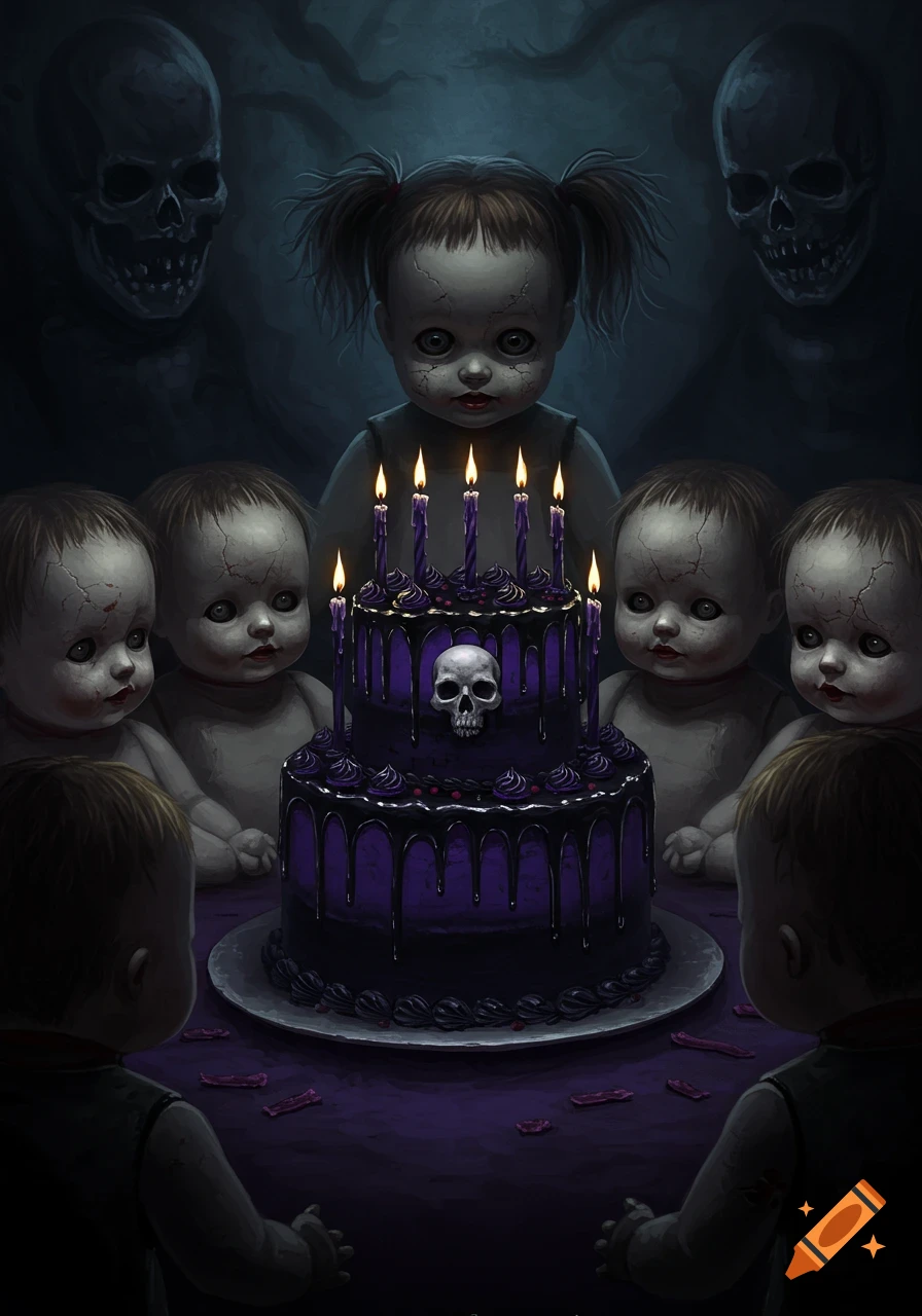 Creepy broken baby dolls and shadowy skeletal figures gather around a two-tier purple and black birthday cake with candles and a skull decoration, in a dark, ominous setting.