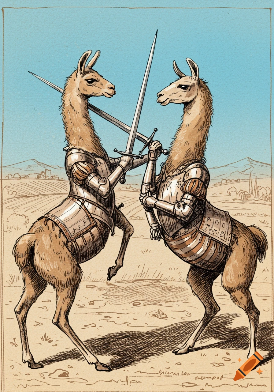 Two llamas in full knight armor duel with swords in a medieval landscape, in a classical illustration style.