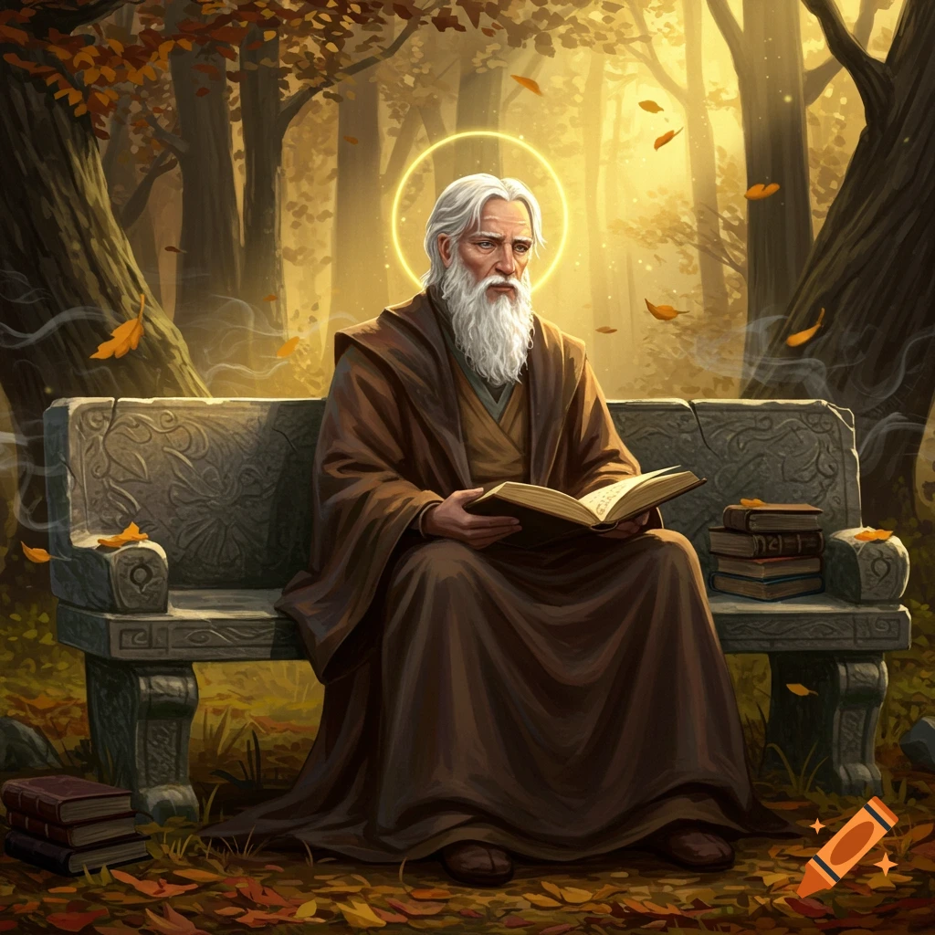 A wise old man with a long white beard and a glowing halo sits on a stone bench in an autumn forest, reading a book. Golden sunlight filters through the trees.