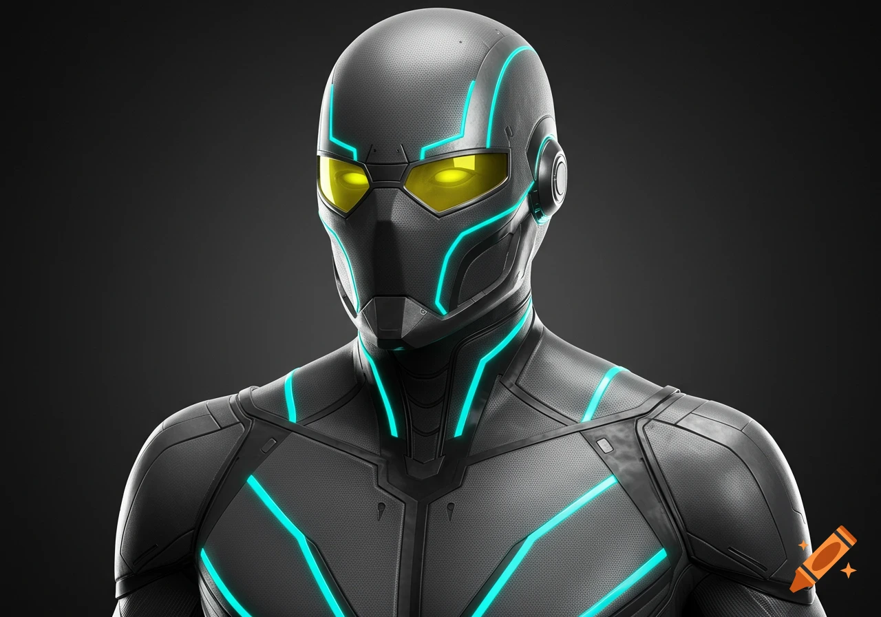 A close-up of a sleek, dark grey carbon-fiber superhero suit with glowing yellow eyes and bright teal energy conduit lines.