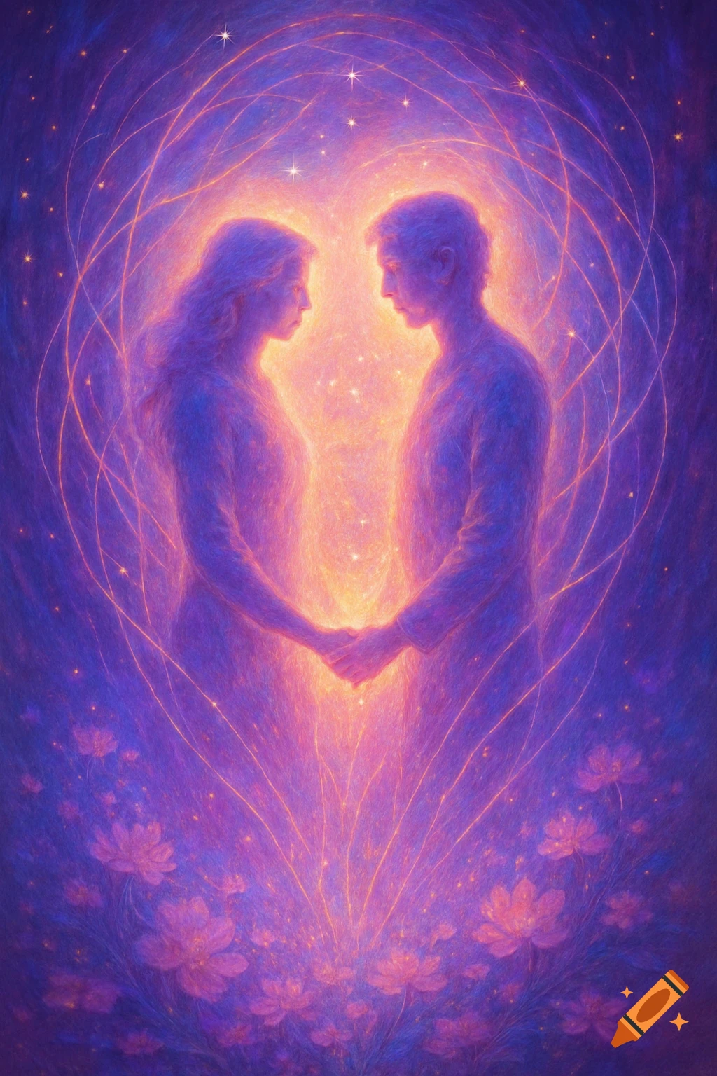 Ethereal illustration of a man and woman holding hands, enveloped in glowing purple and orange light with swirling lines and flowers.