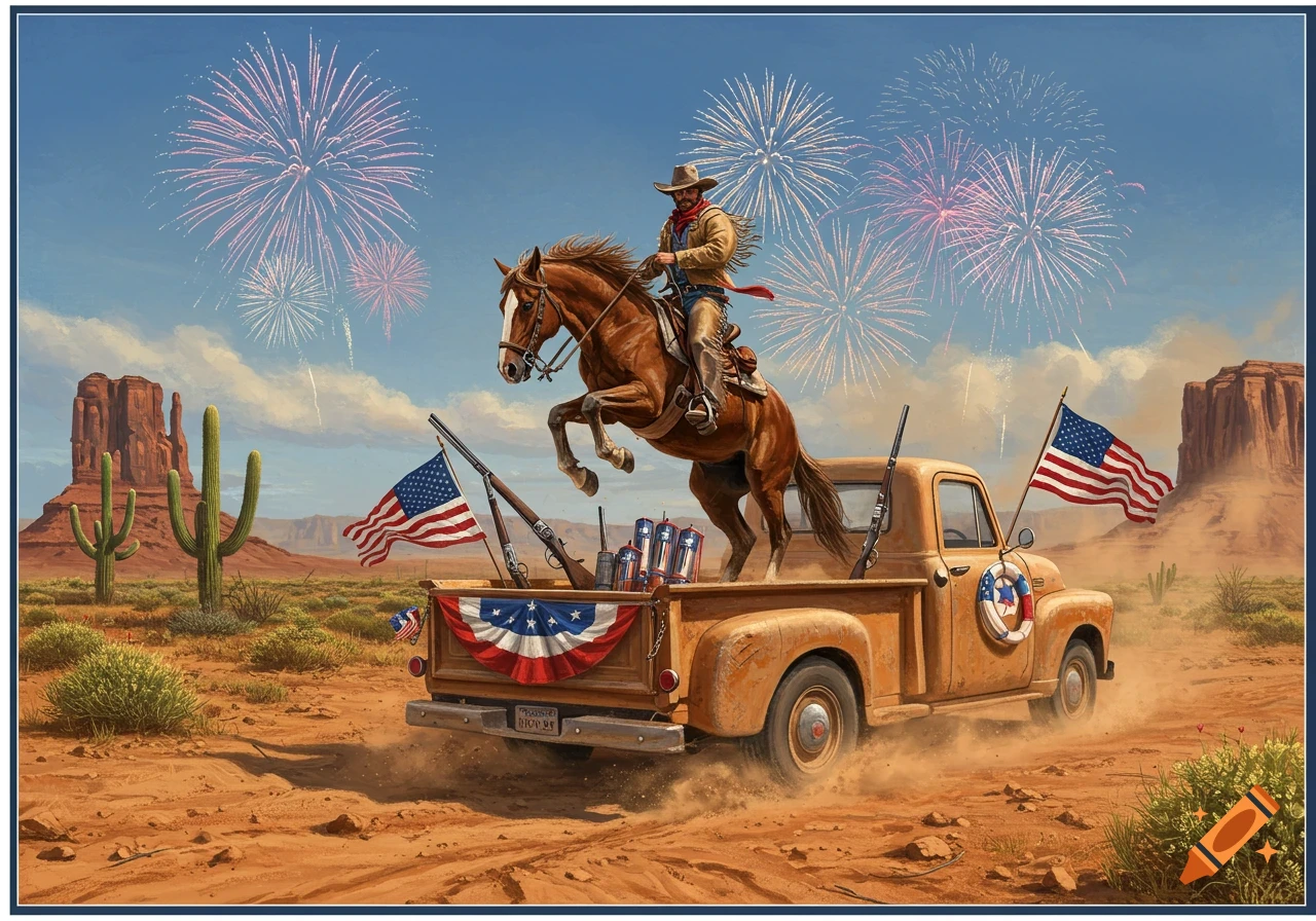 A cowboy on a rearing horse in the bed of a pickup truck, celebrating Fourth of July in a desert with fireworks and American flags.