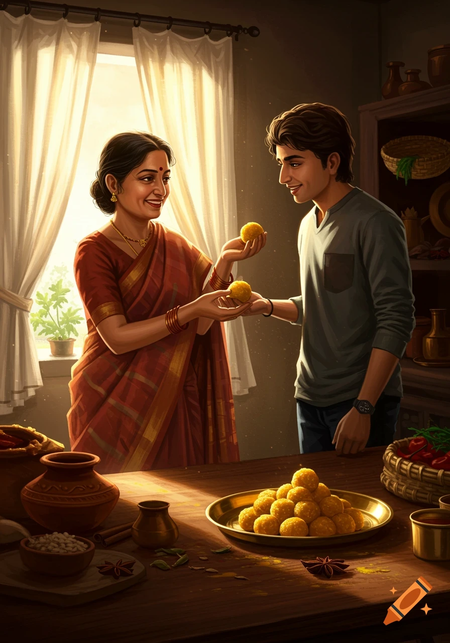 An illustration of a smiling mother in a sari offering laddu sweets to her son in a warmly lit kitchen setting.