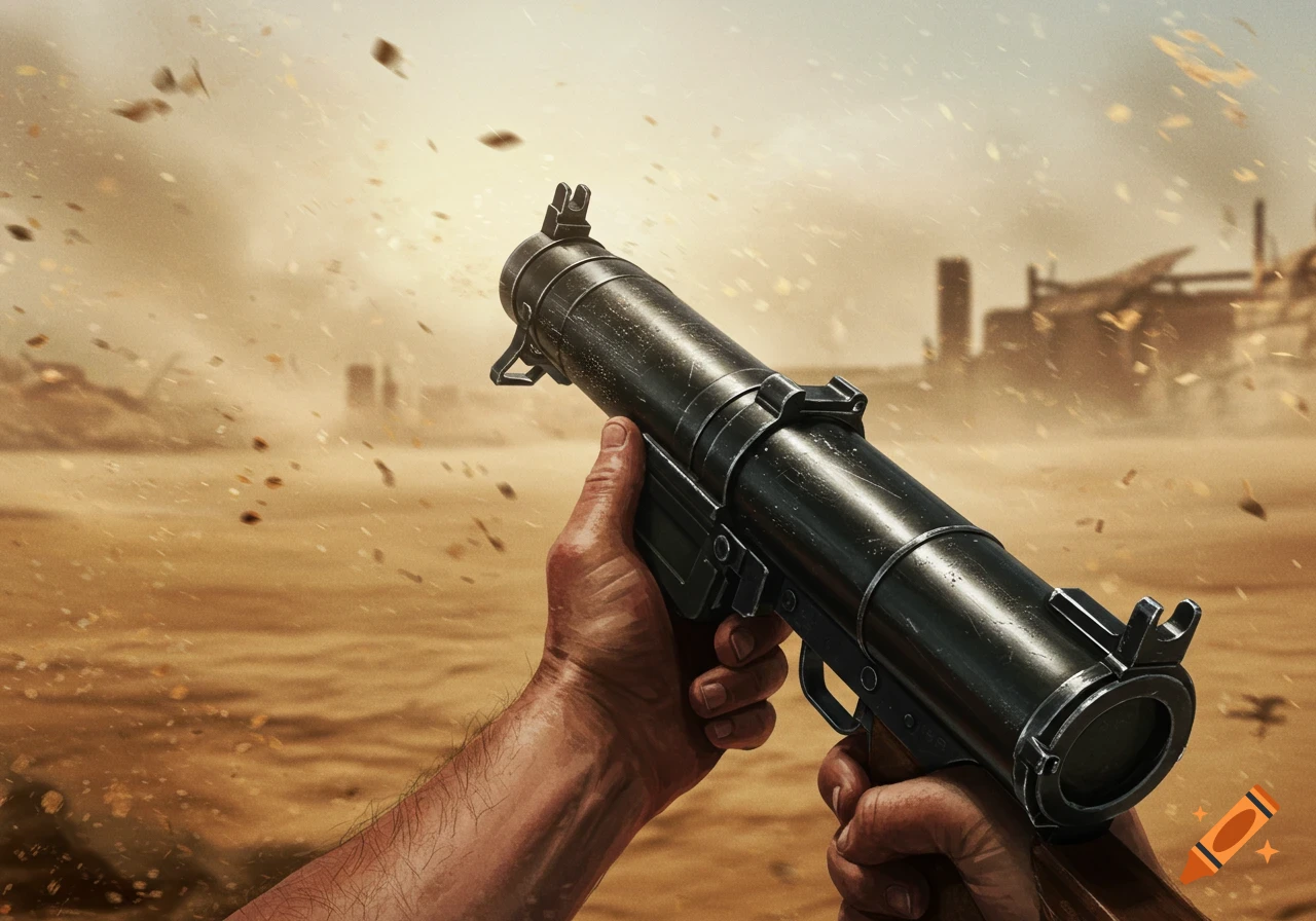 Illustrative close-up of hands holding a rocket launcher in a dusty desert landscape.