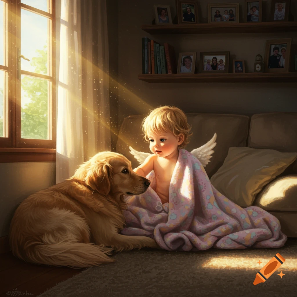 A baby with tiny wings in a pink blanket sits on a rug, looking at a golden retriever in a sunlit room.