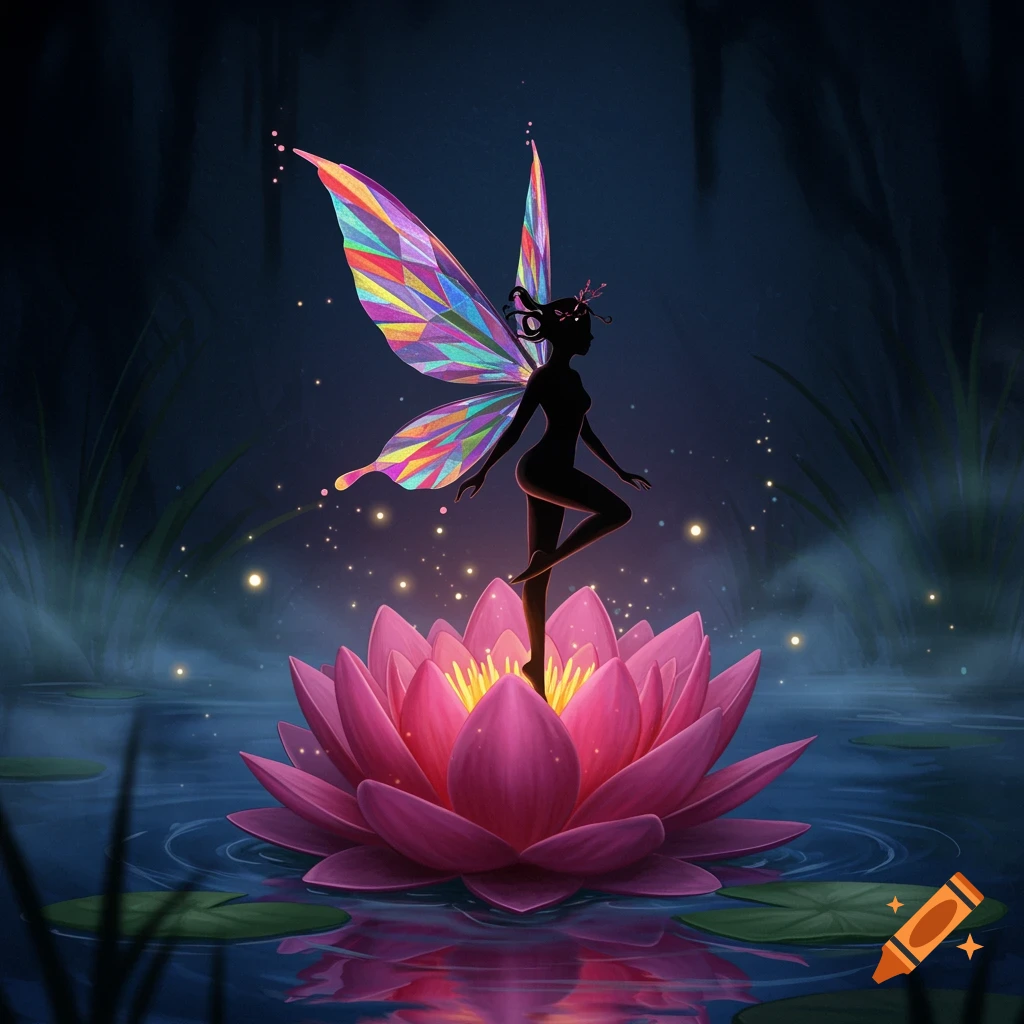 A dark fairy silhouette with vibrant, geometric rainbow wings stands on a glowing pink lotus flower in a serene, dark pond.