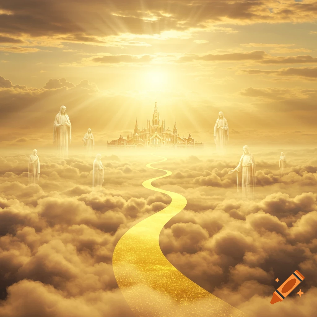 A golden path winds through sunlit clouds towards a majestic celestial castle, with ethereal angelic figures floating in the serene, glowing sky.