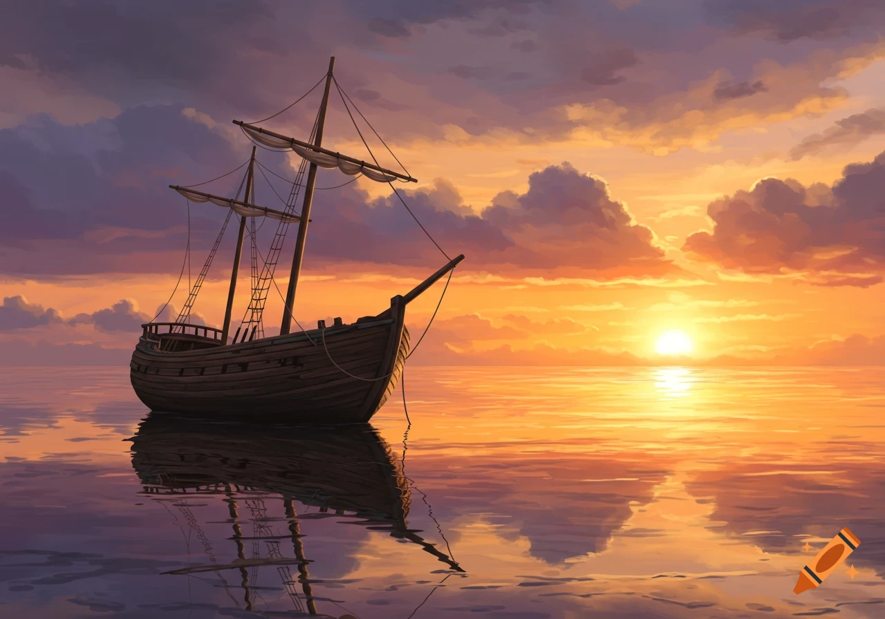 A wooden sailing ship rests on a calm ocean at sunset, with vibrant orange and purple clouds reflected in the water. Digital art.