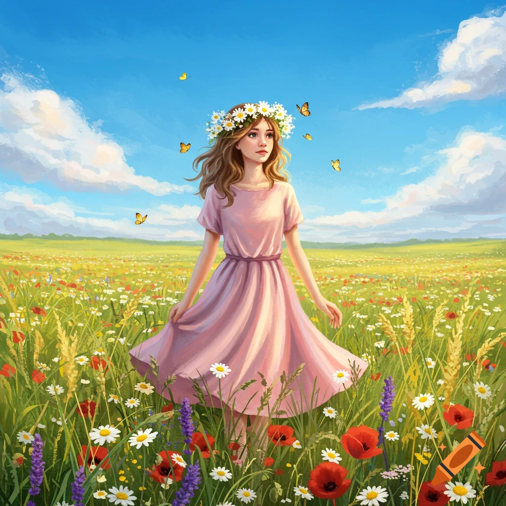 An illustrated girl in a pink dress and flower crown stands in a vibrant wildflower meadow under a blue sky with butterflies.