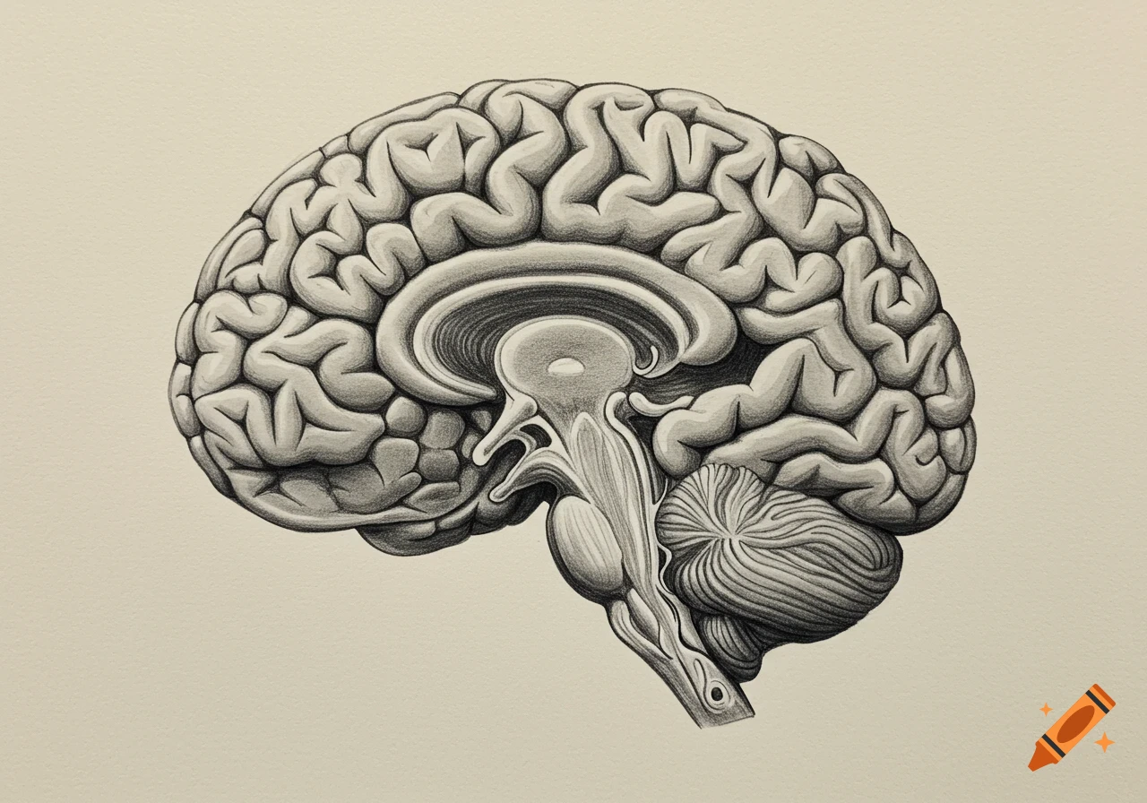 Black and white pencil drawing of a side cross-section of a human brain.